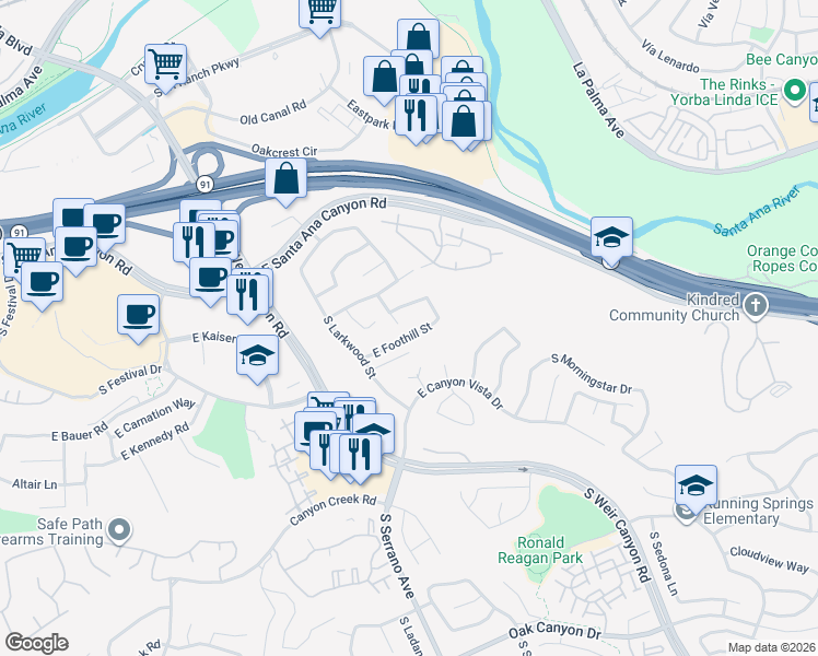 map of restaurants, bars, coffee shops, grocery stores, and more near 8455 East Foothill Street in Anaheim