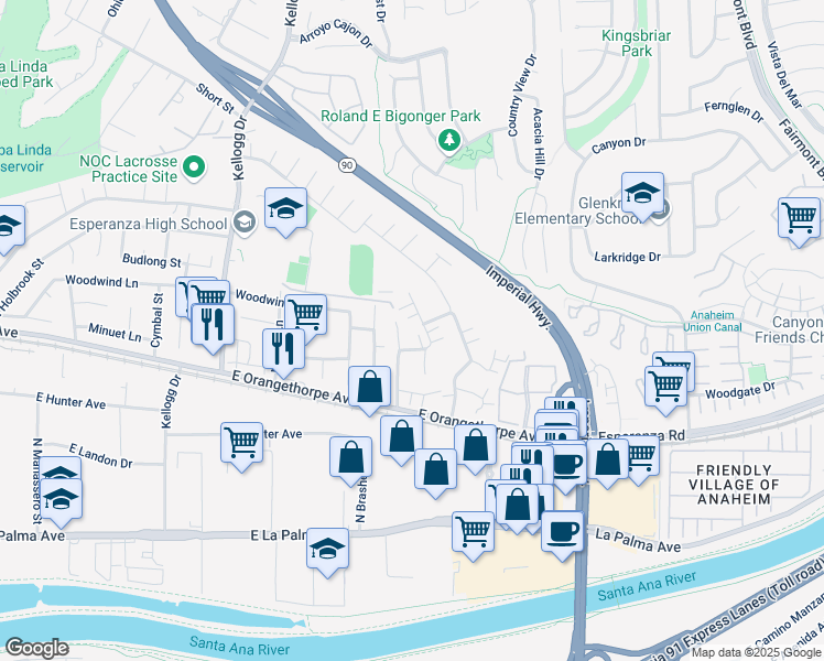 map of restaurants, bars, coffee shops, grocery stores, and more near 5427 Pine Ridge Way in Anaheim