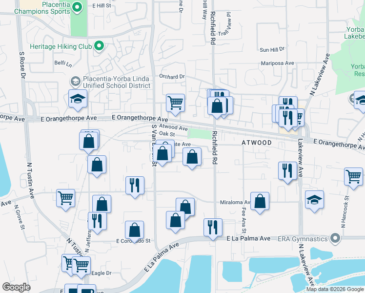 map of restaurants, bars, coffee shops, grocery stores, and more near 1664 Vincente Avenue in Placentia