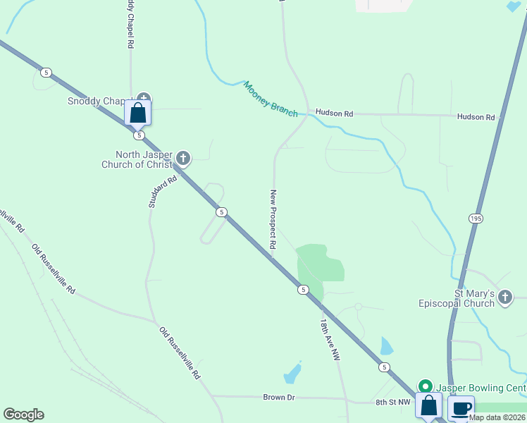 map of restaurants, bars, coffee shops, grocery stores, and more near 1500 New Prospect Road in Jasper