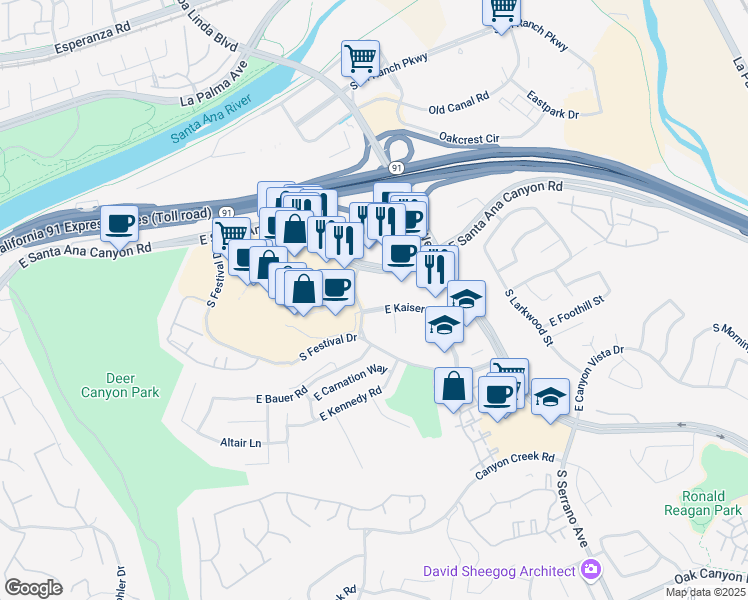 map of restaurants, bars, coffee shops, grocery stores, and more near 8101 East Kaiser Boulevard in Anaheim