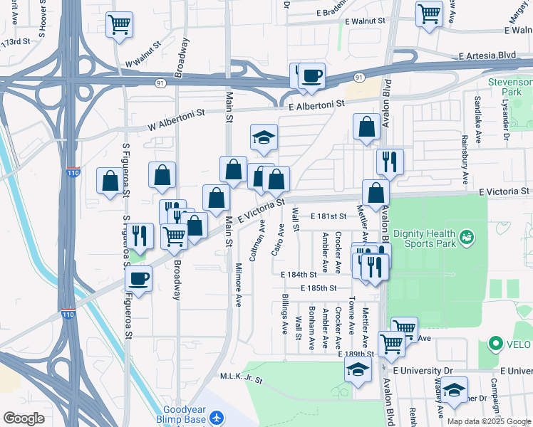 map of restaurants, bars, coffee shops, grocery stores, and more near 18106 Coltman Avenue in Carson
