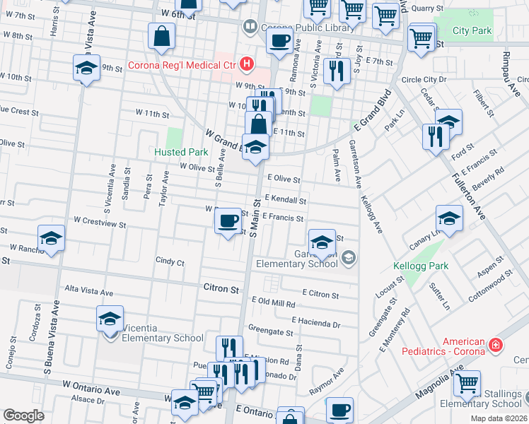 map of restaurants, bars, coffee shops, grocery stores, and more near 116 East Francis Street in Corona