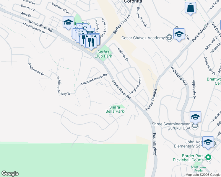 map of restaurants, bars, coffee shops, grocery stores, and more near 2350 Del Mar Way in Corona