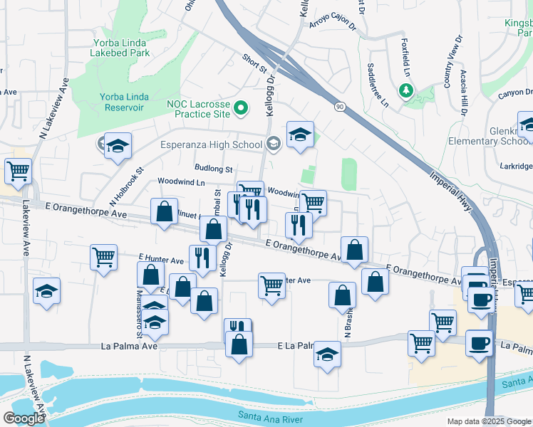 map of restaurants, bars, coffee shops, grocery stores, and more near 1724 Kellogg Drive in Anaheim