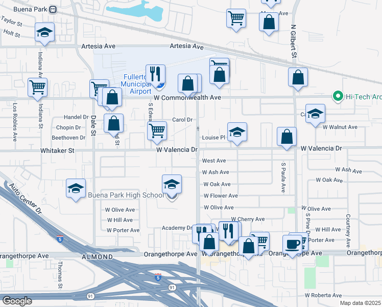 map of restaurants, bars, coffee shops, grocery stores, and more near 411 Magnolia Avenue in Fullerton