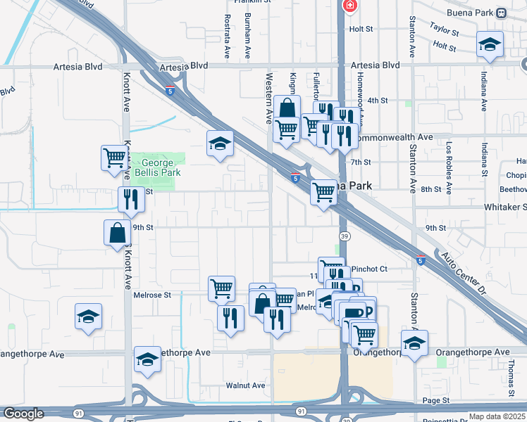 map of restaurants, bars, coffee shops, grocery stores, and more near 7451 9th Street in Buena Park