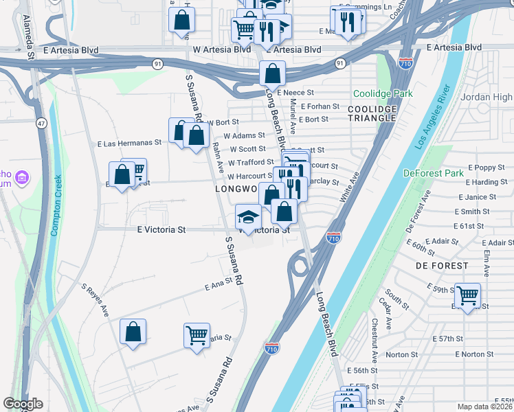 map of restaurants, bars, coffee shops, grocery stores, and more near 153 West Victoria Street in Long Beach