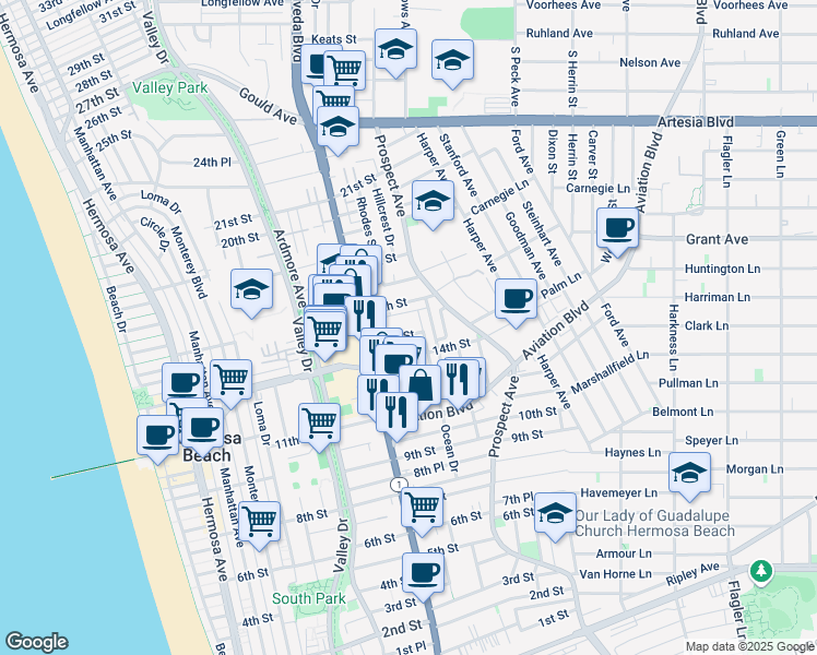 map of restaurants, bars, coffee shops, grocery stores, and more near 900 15th Street in Hermosa Beach