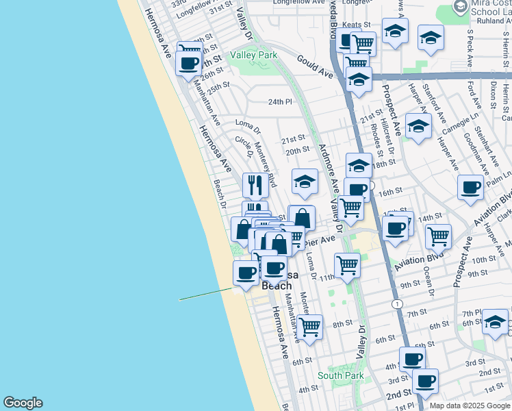 map of restaurants, bars, coffee shops, grocery stores, and more near in Hermosa Beach
