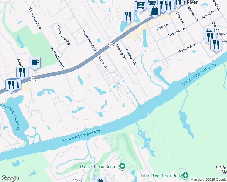 map of restaurants, bars, coffee shops, grocery stores, and more near 4359 River Gate Lane in Little River