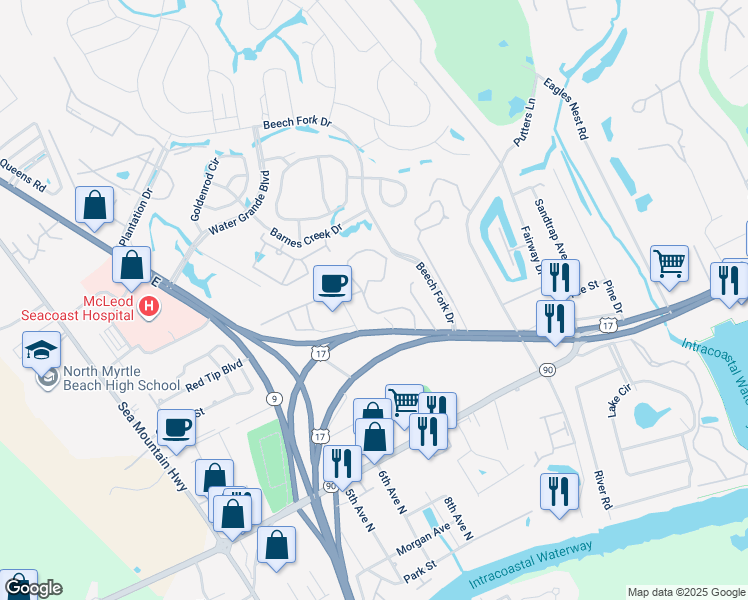 map of restaurants, bars, coffee shops, grocery stores, and more near 502 U.S. 17 in Little River