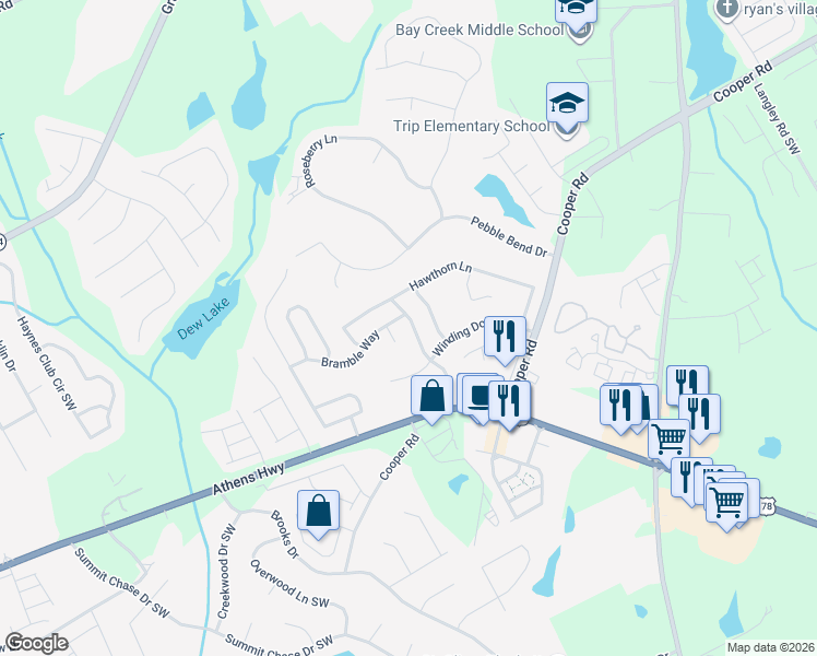 map of restaurants, bars, coffee shops, grocery stores, and more near 2770 Stony Place Court in Grayson