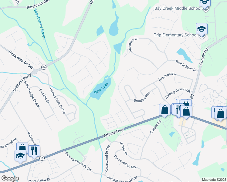 map of restaurants, bars, coffee shops, grocery stores, and more near 174 Camry Lane Southwest in Grayson