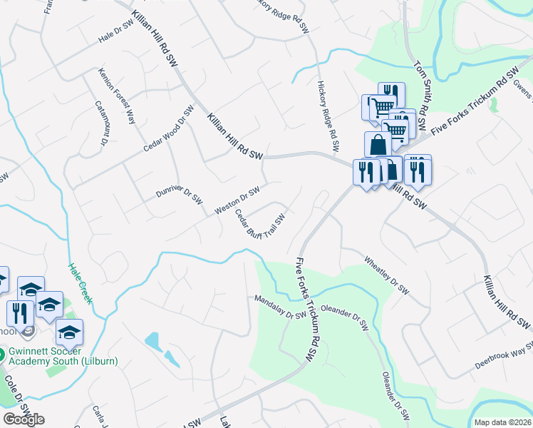 map of restaurants, bars, coffee shops, grocery stores, and more near 4284 Cedar Bluff Way Southwest in Lilburn