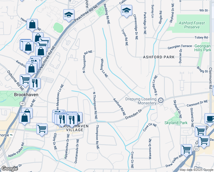 map of restaurants, bars, coffee shops, grocery stores, and more near 2687 Ashford Road Northeast in Atlanta