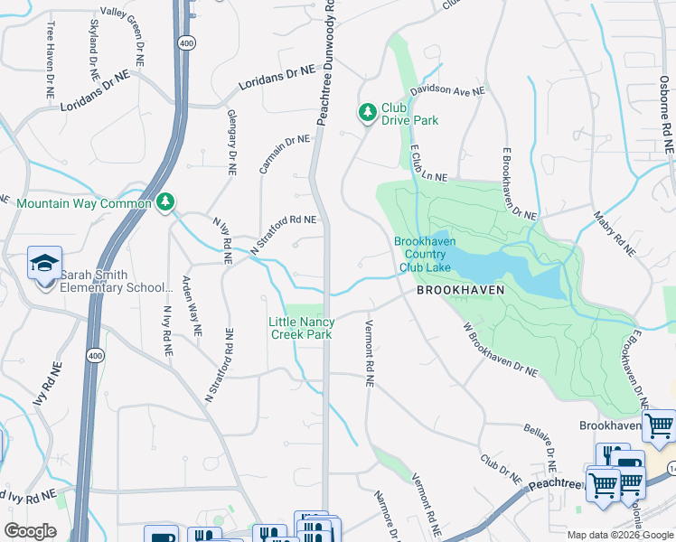 map of restaurants, bars, coffee shops, grocery stores, and more near 4055 Peachtree Dunwoody Road in Atlanta