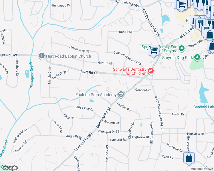 map of restaurants, bars, coffee shops, grocery stores, and more near 1624 Concord Meadows Drive Southeast in Smyrna