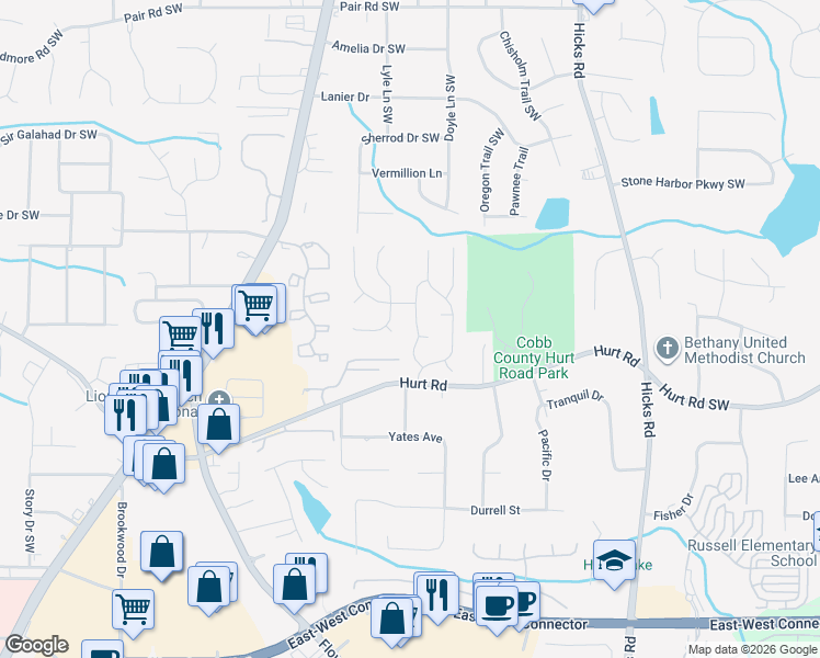 map of restaurants, bars, coffee shops, grocery stores, and more near 3644 Nature Walk Trail Southwest in Marietta