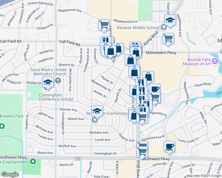map of restaurants, bars, coffee shops, grocery stores, and more near 4321 Faith Rd in Wichita Falls