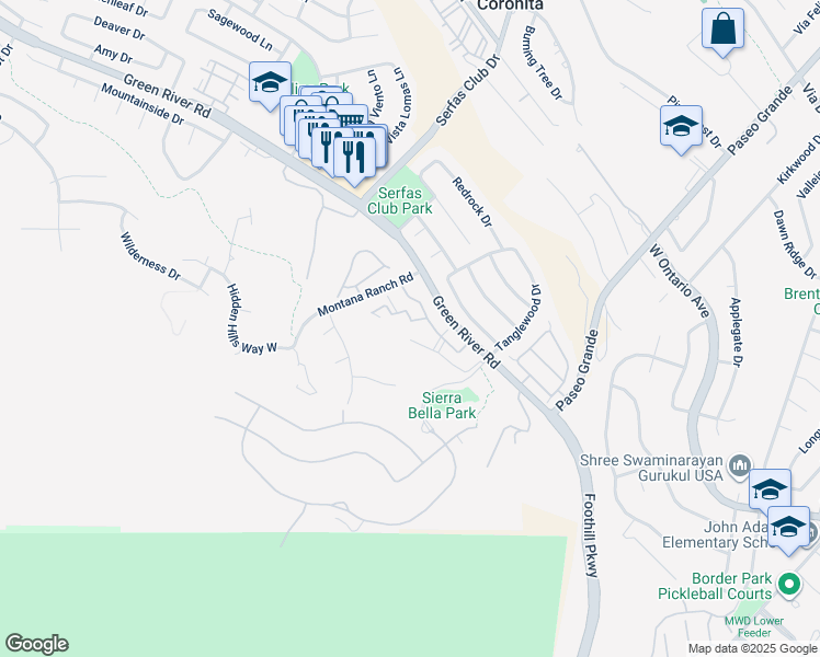map of restaurants, bars, coffee shops, grocery stores, and more near 2400 San Gabriel Way in Corona