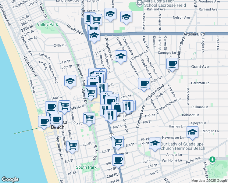 map of restaurants, bars, coffee shops, grocery stores, and more near 933 15th Street in Hermosa Beach