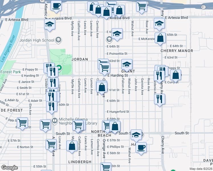 map of restaurants, bars, coffee shops, grocery stores, and more near in Lakewood