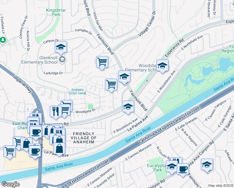 map of restaurants, bars, coffee shops, grocery stores, and more near 6567 Woodburn Lane in Yorba Linda