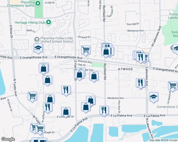 map of restaurants, bars, coffee shops, grocery stores, and more near 1664 Vincente Avenue in Placentia