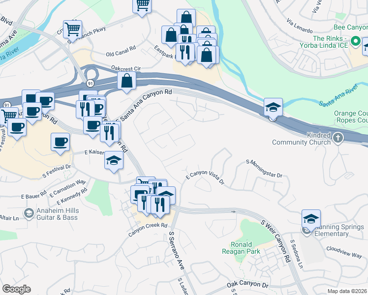 map of restaurants, bars, coffee shops, grocery stores, and more near 8461 E Foothill St in Anaheim
