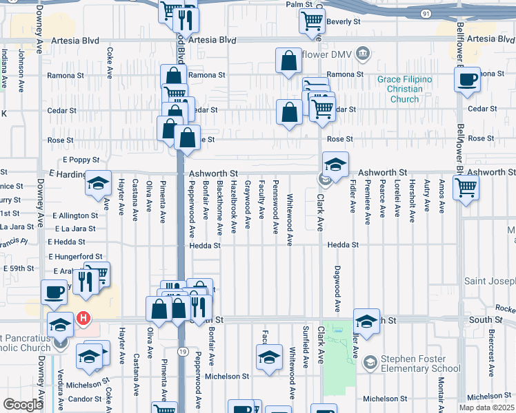 map of restaurants, bars, coffee shops, grocery stores, and more near 6107 Faculty Avenue in Lakewood