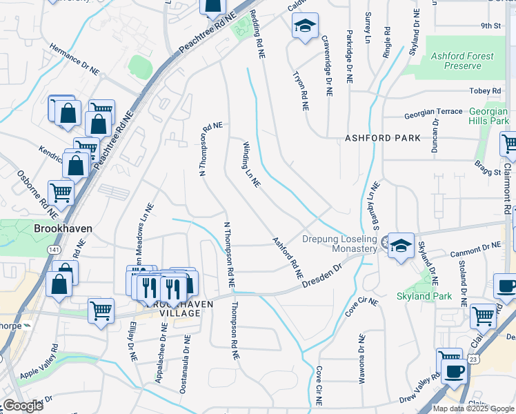 map of restaurants, bars, coffee shops, grocery stores, and more near 2687 Ashford Road Northeast in Atlanta