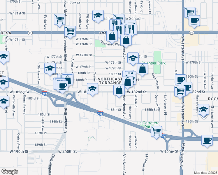 map of restaurants, bars, coffee shops, grocery stores, and more near 18202 Purche Avenue in Torrance