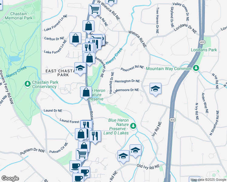map of restaurants, bars, coffee shops, grocery stores, and more near 320 Lakemoore Drive Northeast in Atlanta