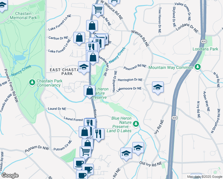 map of restaurants, bars, coffee shops, grocery stores, and more near 4060 Haverhill Drive Northeast in Atlanta