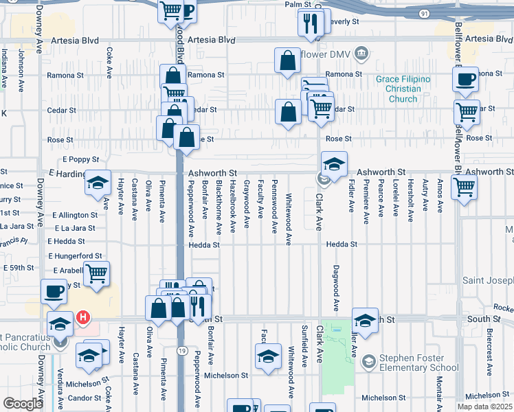 map of restaurants, bars, coffee shops, grocery stores, and more near 6107 Faculty Avenue in Lakewood