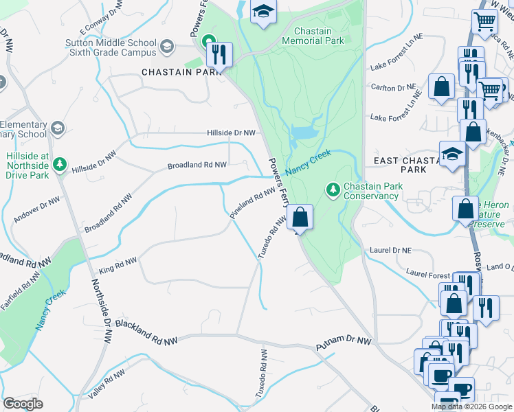 map of restaurants, bars, coffee shops, grocery stores, and more near 240 Pineland Road Northwest in Atlanta