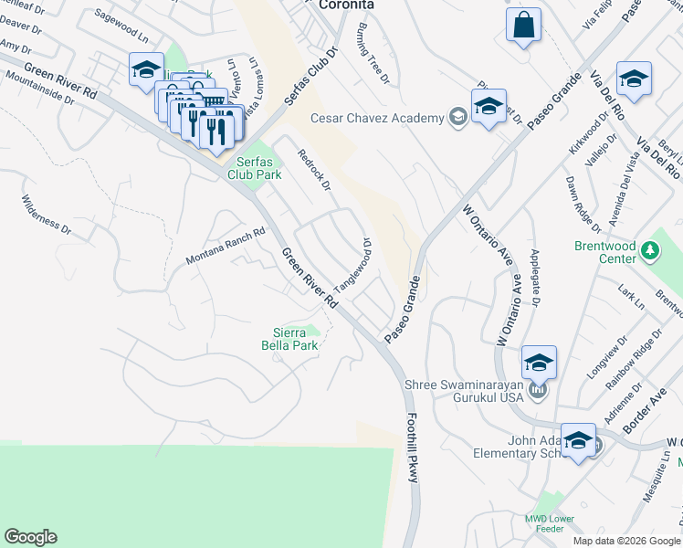 map of restaurants, bars, coffee shops, grocery stores, and more near 2220 Bloomfield Lane in Corona