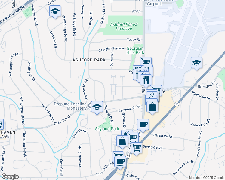 map of restaurants, bars, coffee shops, grocery stores, and more near 2767 Durham Drive Northeast in Atlanta