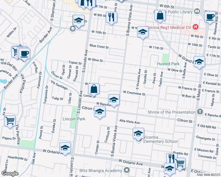 map of restaurants, bars, coffee shops, grocery stores, and more near 1652 Sue Circle in Corona