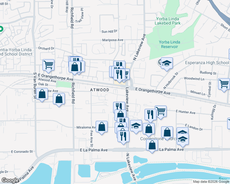 map of restaurants, bars, coffee shops, grocery stores, and more near 1968 Via De La Luna in Placentia