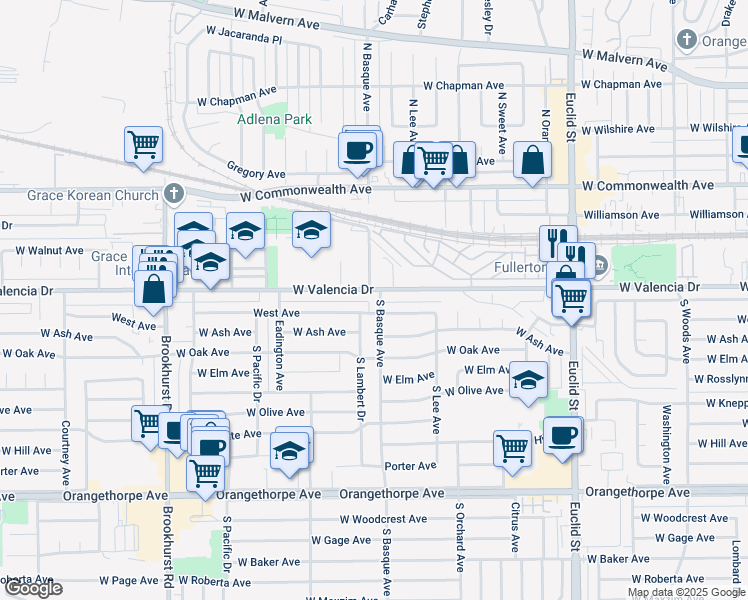 map of restaurants, bars, coffee shops, grocery stores, and more near 400 Lambert Drive South in Fullerton