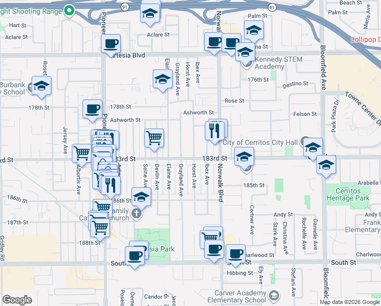 map of restaurants, bars, coffee shops, grocery stores, and more near 12036 183rd Street in Artesia