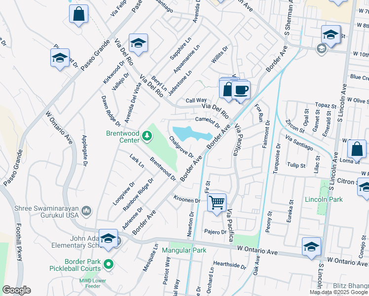 map of restaurants, bars, coffee shops, grocery stores, and more near 1451 Chalgrove Drive in Corona