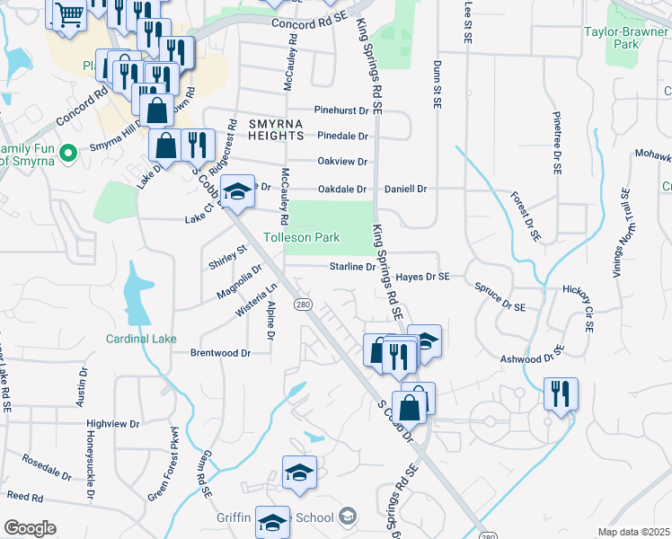 map of restaurants, bars, coffee shops, grocery stores, and more near 1140 Starline Drive in Smyrna