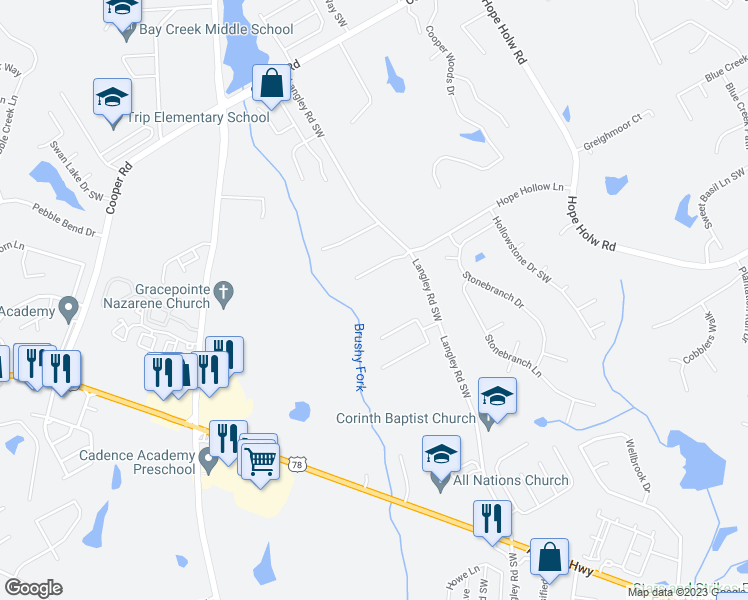 map of restaurants, bars, coffee shops, grocery stores, and more near 2995 Langley Farms Drive in Loganville