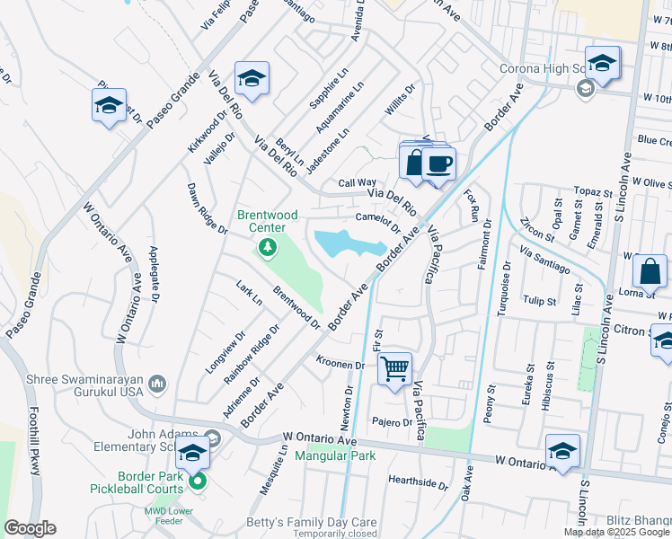 map of restaurants, bars, coffee shops, grocery stores, and more near 1451 Chalgrove Drive in Corona