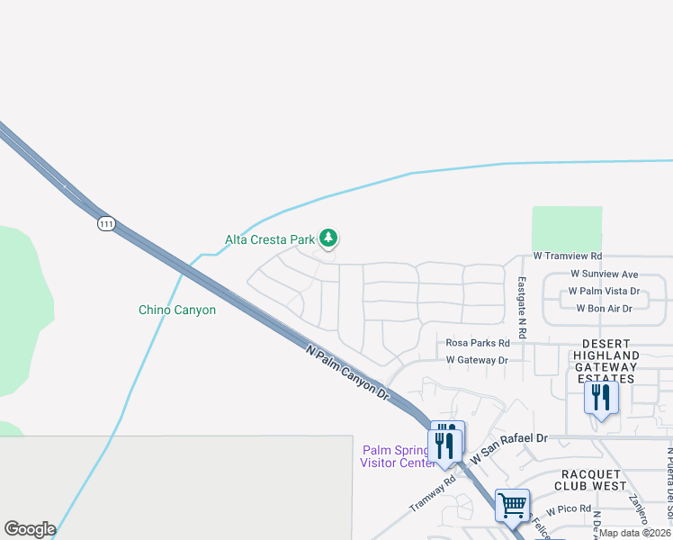 map of restaurants, bars, coffee shops, grocery stores, and more near 1067 Alta Cresta in Palm Springs