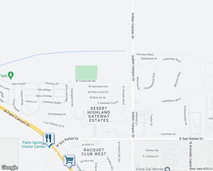 map of restaurants, bars, coffee shops, grocery stores, and more near 356 West Sunview Avenue in Palm Springs