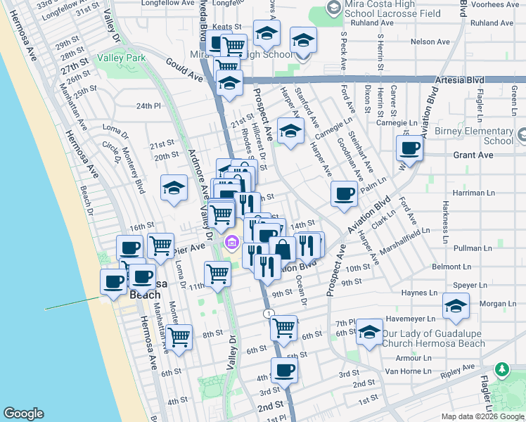 map of restaurants, bars, coffee shops, grocery stores, and more near 842 15th Place in Hermosa Beach